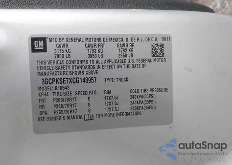 2012 Chevrolet Silverado 1500 Lt z USA, uszkodzony, nr VIN 3GCPKSE7XCG148957